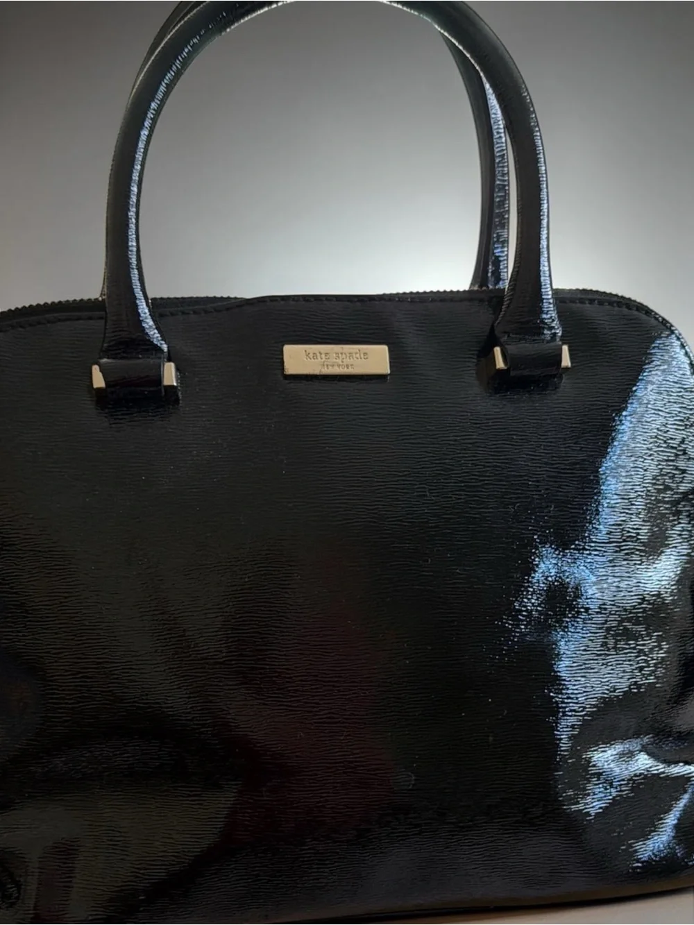 Kate Spade New York Black Patent Leather Satchel Crossbody Bag Zip Top Gold Logo